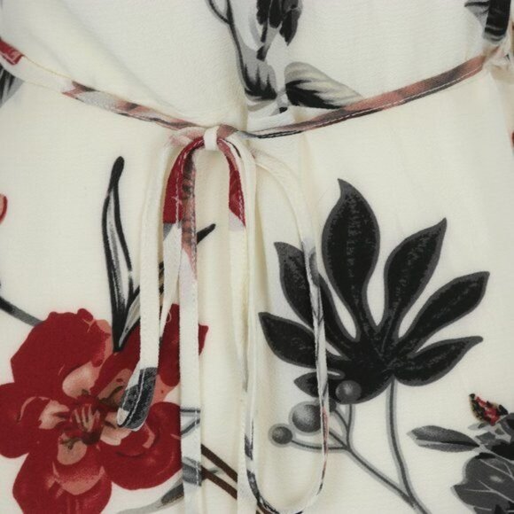 Cupshe Long Beach Women's Small Cream & Red Floral Ruffled Crepe Midi Wrap Dress - Picture 5 of 8